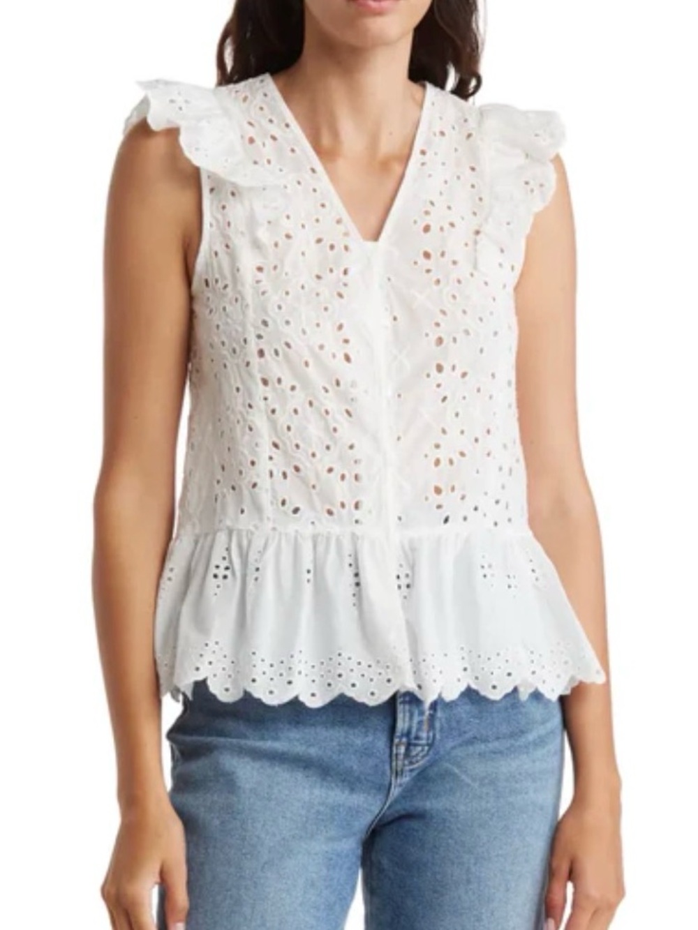 LIV Los Angeles White 100% Cotton Eyelet Shirt Top XL Peplum Cottagecore Ruffle